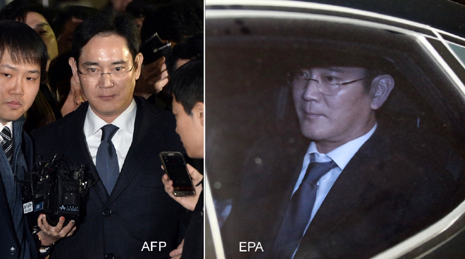 Lee Jae-Yong (tengah) ketika meninggalkan mahkamah semalam, manakala gambar kanan, kereta membawanya memasuki Pusat Tahanan Seoul awal pagi ini.