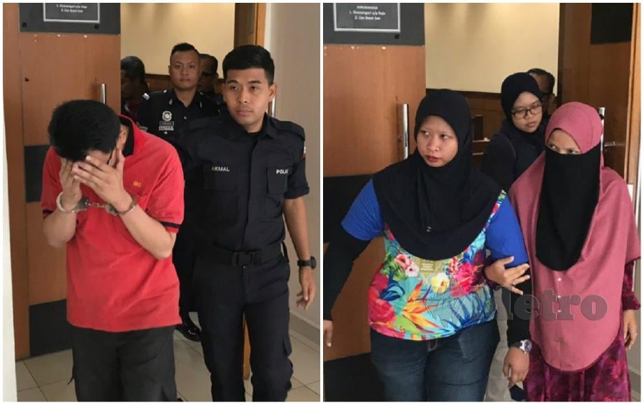 Ahmad Shukri dan Zunairah dibawa anggota polis selepas masing-masing didakwa pecah amanah wang pelajar tahfiz di Mahkamah Majistret Klang hari ini. Foto Siraj Mohd Zaini