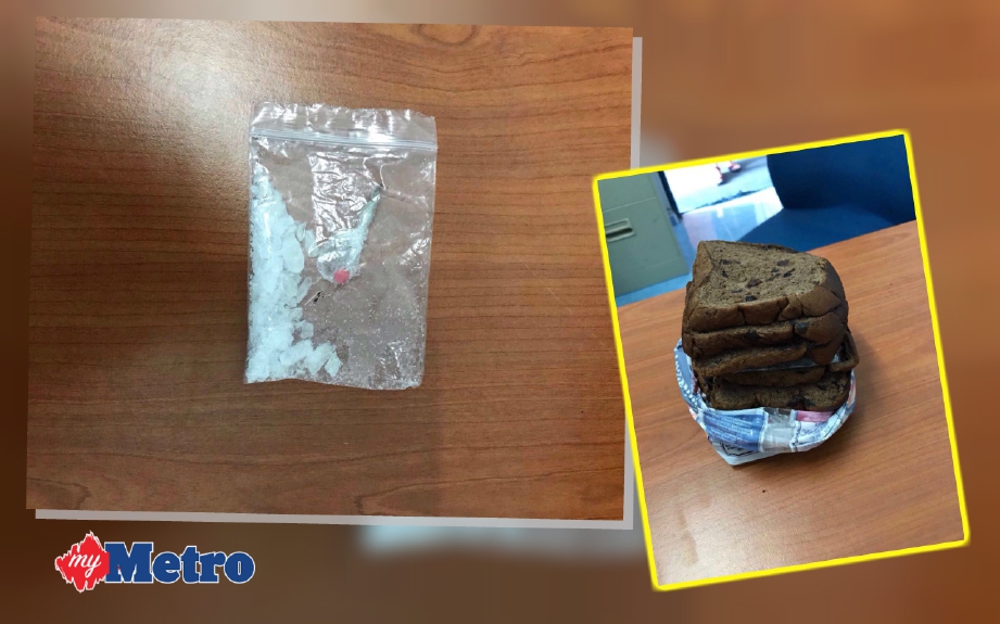 Dadah (kiri) yang ditemui dalam bungkusan roti (kanan). FOTO Ihsan Polis 