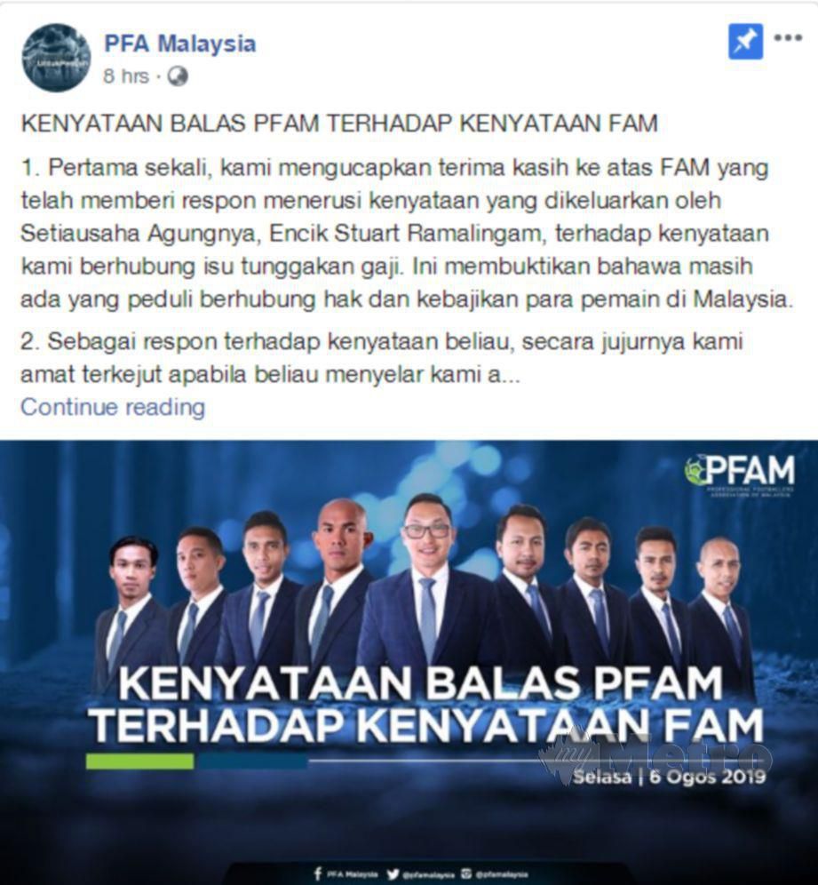 KENYATAAN yang dimuat naik di laman rasmi Facebook PFAM.