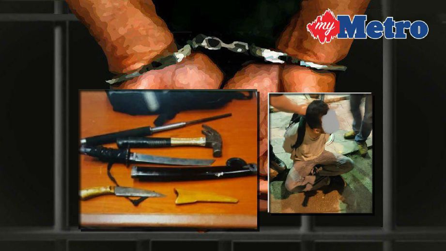 Antara senjata tajam yang dirampas oleh polis selepas penahan lelaki berkenaan. Foto ihsan PDRM