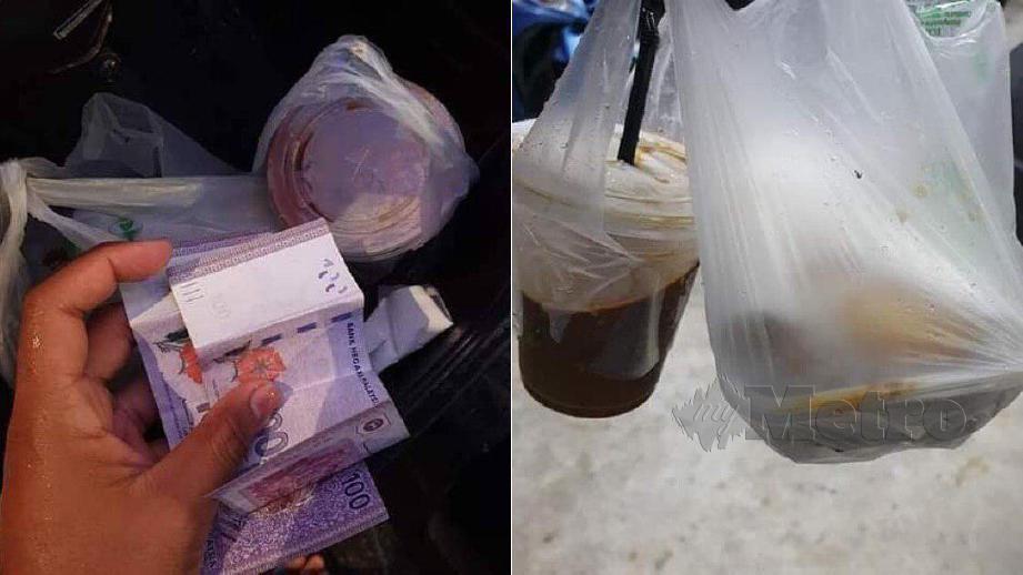 WANG RM200 yang diberikan William kepada Suffian. (Gambar kanan) Makanan yang dipesan menggunakan perkhidmatan Grabfood yang dihantar Suffian. FOTO Facebook 