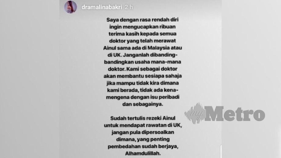 CATATAN status IG Story Dr Nur Amalina. FOTO Instagram 