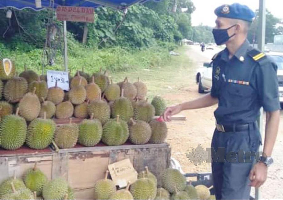 Anggota penguatkuasa Kementerian Perdagangan Dalam Negeri dan Hal Ehwal Pengguna (KPDNHEP) Pahang membuat pemeriksaan tanda harga dan alat timbang pada Operasi Durian. FOTO MOHD RAFI MAMAT