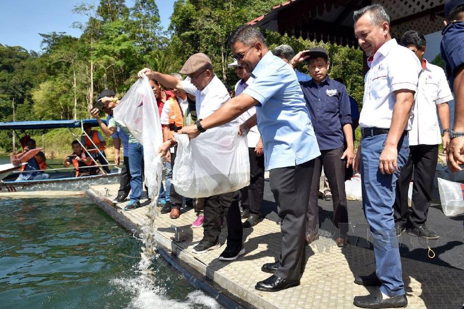 Ronald Kiandee (tiga dari kanan) melepaskan benih ikan sempena Program Libat Urus  bersama myKomuniti Perikanan (myKP) Pengkalan Gawi dan Program Pelepasan Benih ke Perairan Umum di Sungai Leban, Tasik Kenyir. FOTO Zaid Salim