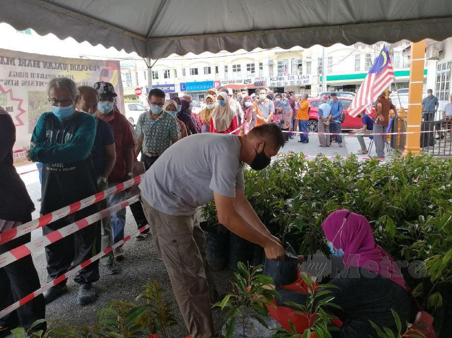Orang ramai tidak lepas peluang bagi membeli anak pokok musang king separuh harga pada program sempena Hari Malaysia di Pusat Khidmat Masyarakat DUN Klawang. FOTO ABNOR HAMIZAM