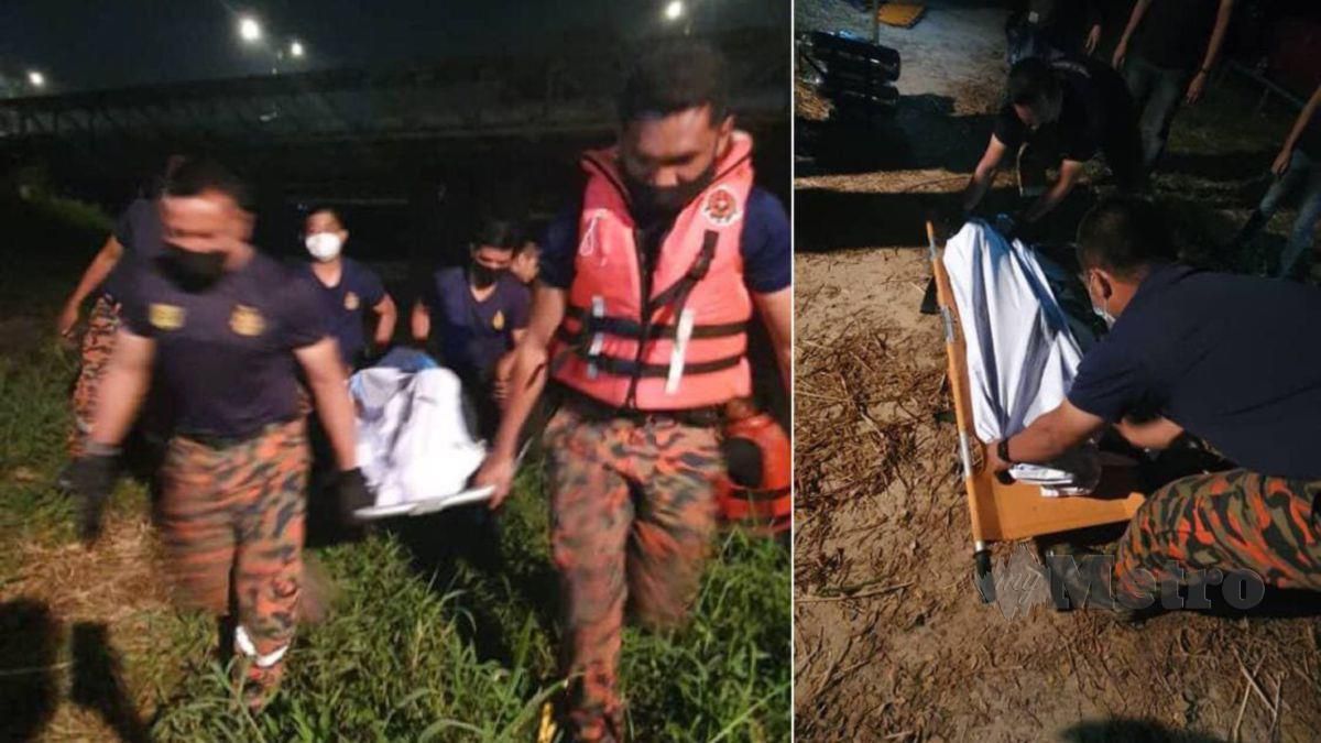 PASUKAN Penyelamat membawa naik dua mayat kanak-kanak yang lemas di Sungai Skudai, malam tadi. FOTO Ihsan Bomba