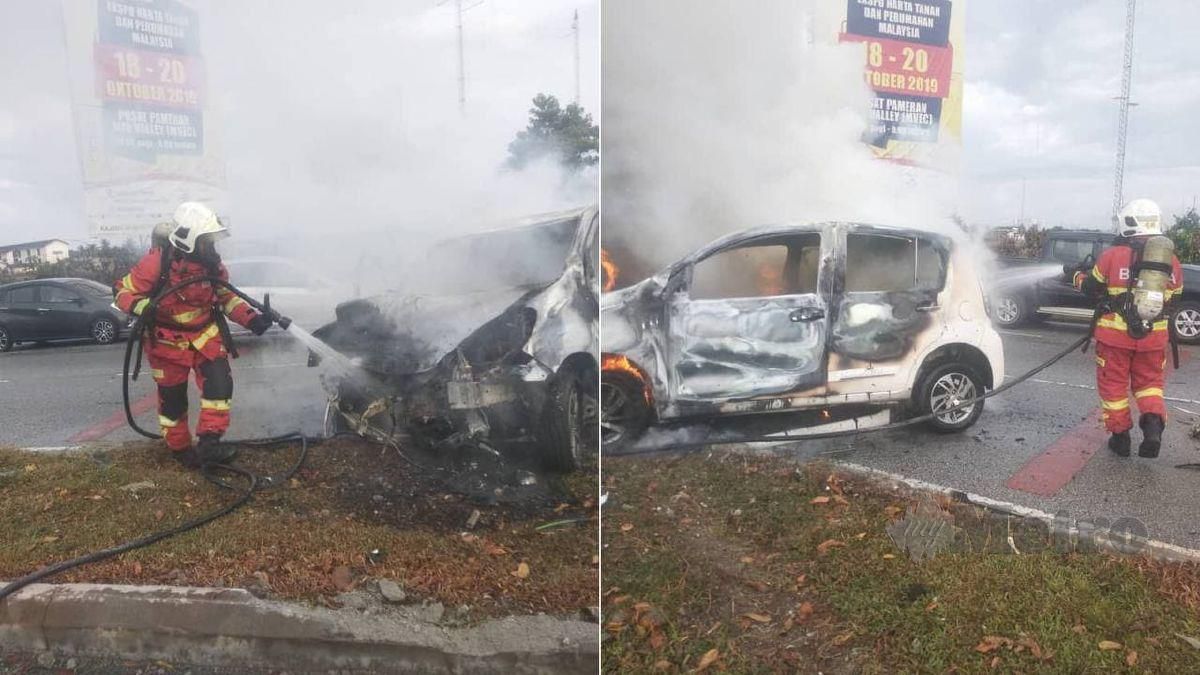 ANGGOTA bomba memadamkan kebakaran sebuah kereta Perodua Myvi yang terbabit dalam kemalangan dengan SUV Proton X70.  FOTO Ihsan Bomba