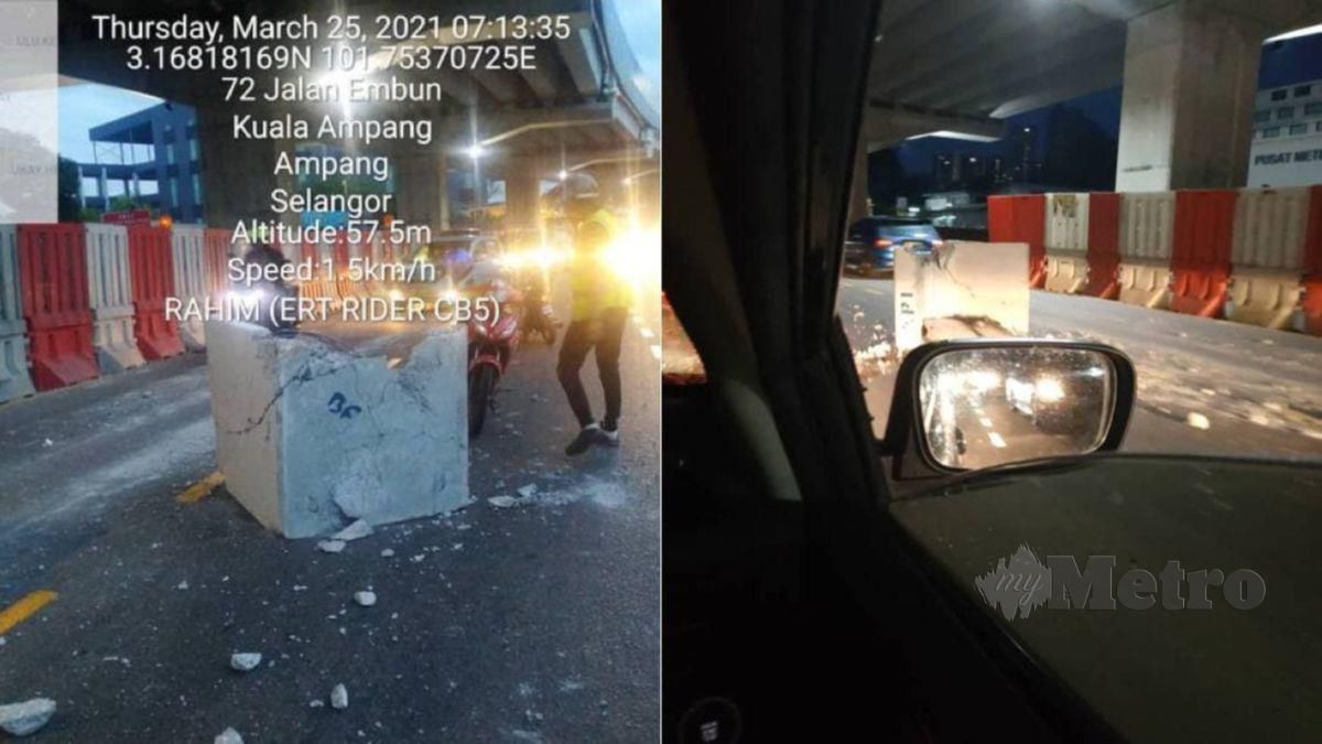 BONGKAH konkrit jatuh di Lebuh Ampang menyebabkan laluan trafik sesak di kawasan berkenaan. FOTO tular Twitter
