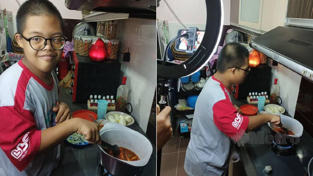 OKU Sindrom Down, Muhammad Luqman rajin membantu ibunya memasak di dapur. 