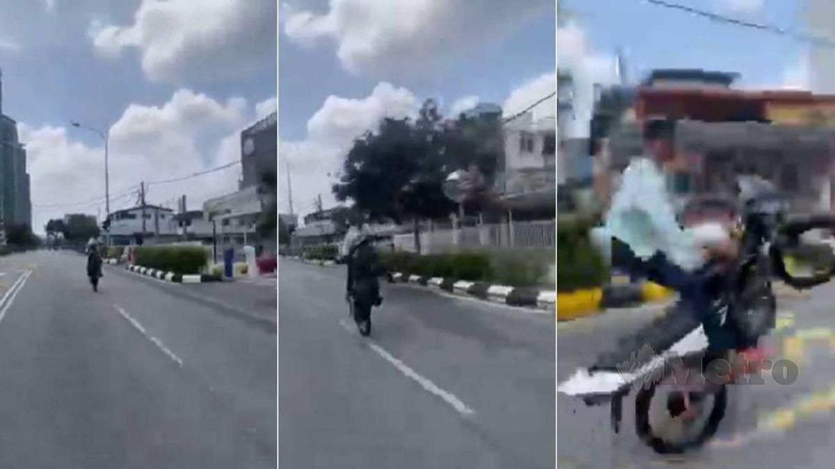 SEORANG lelaki  menunggang motosikal secara berbahaya sebelum aksinya dirakam dan dimuat naik di laman sosial. FOTO Ihsan PDRM