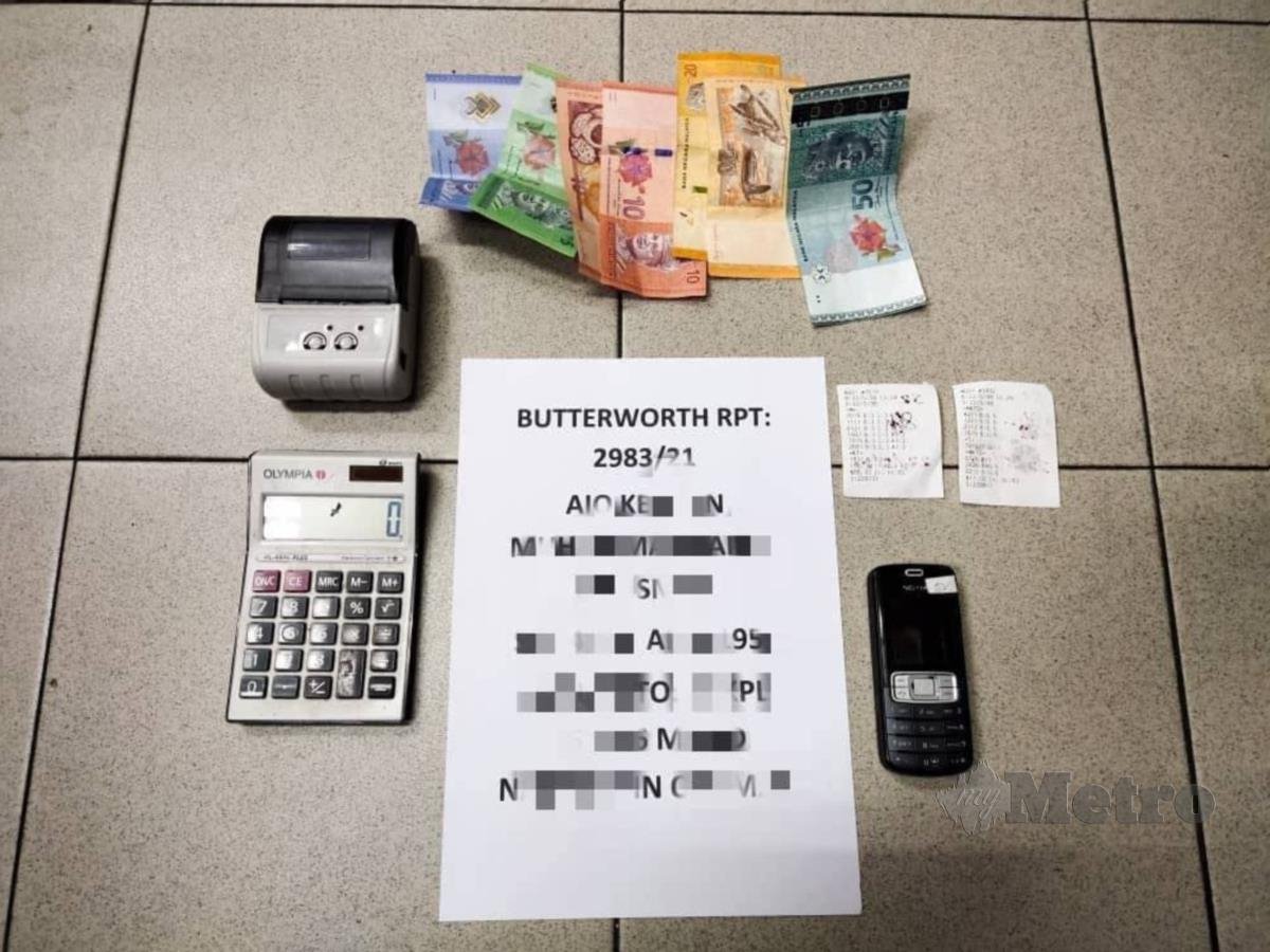 Polis merampas sejumlah wang tunai dan peralatan yang digunakan individu bagi menjalankan kegiatan judi sekitar daerah Seberang Perai Utara. FOTO Ihsan PDRM
