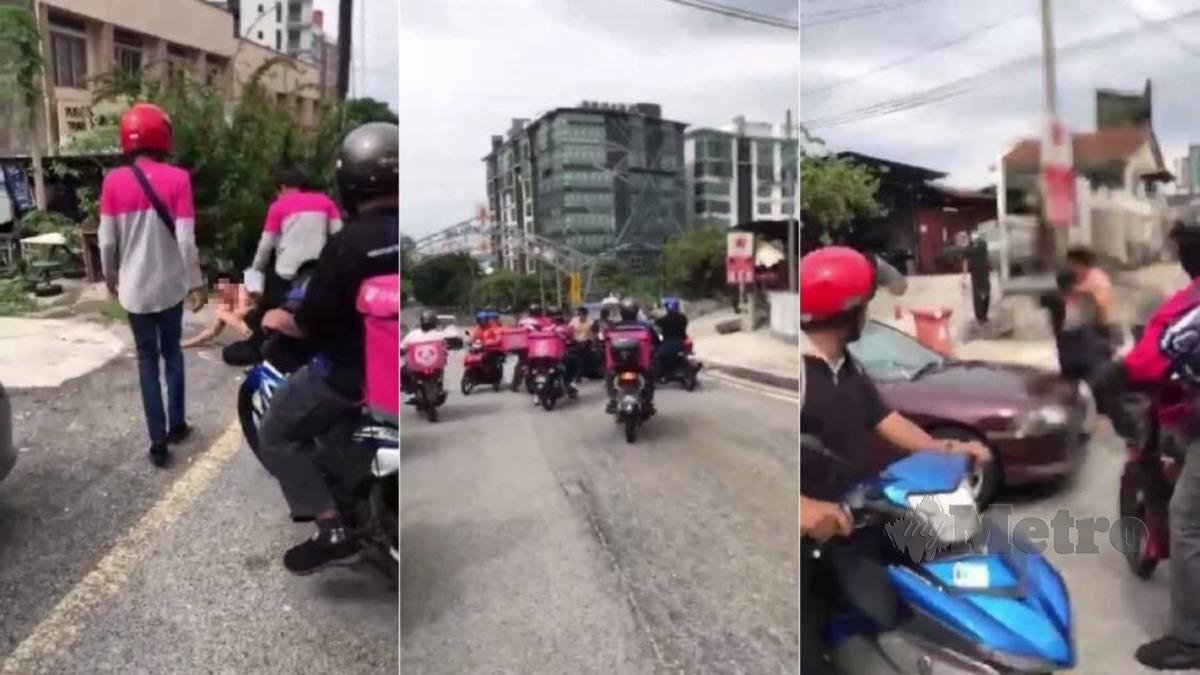 RAKAMAN video berdurasi 30 saat yang memaparkan seorang lelaki dipukul sekumpulan penghantar makanan di Sungai Way, Petaling Jaya. FOTO tangkap layar video tular 