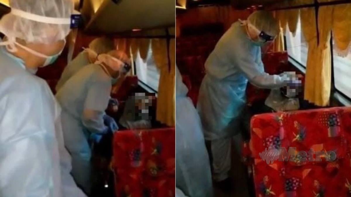 RAKAMAN video seorang penumpang wanita yang pengsan di dalam sebuah bas ekspres. FOTO tangkap layar video tular 