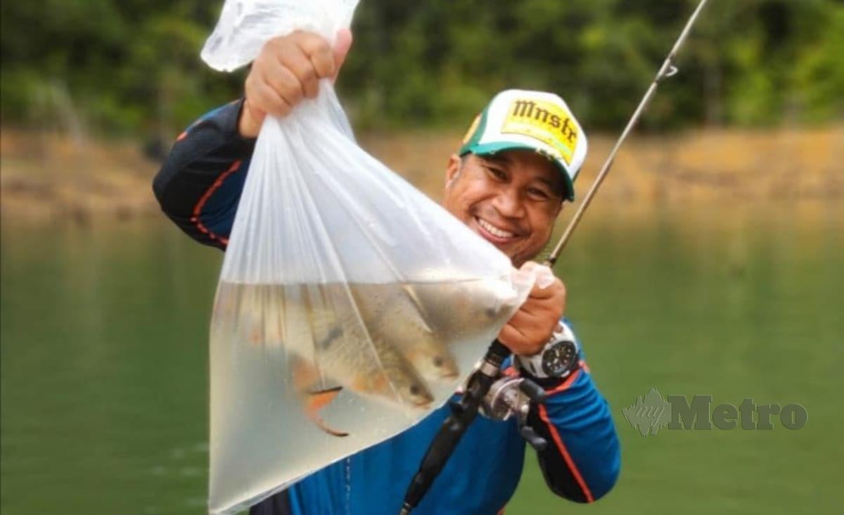 Halimi Abu Hanip menunjukkan ikan sebarau yang ditangkap ketika inventori di Empangan Sungai Triang. FOTO ABNOR HAMIZAM ABD MANAP