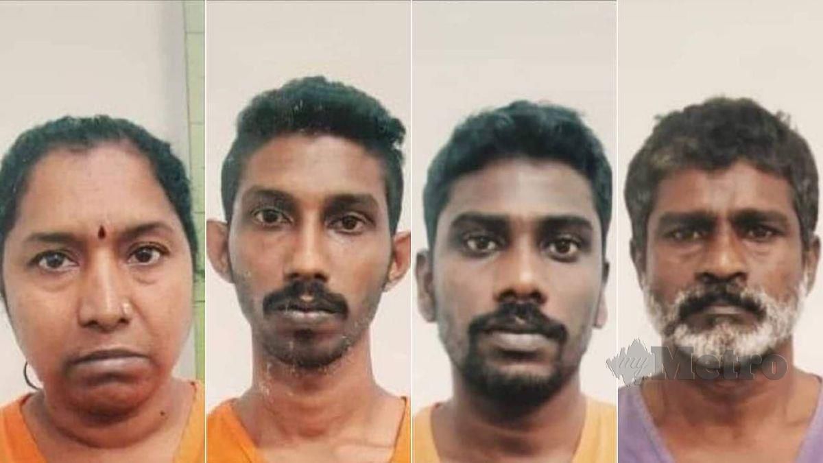 DARI kiri, Kaliamah, Sivanathan, Thiaga Rajan dan Tamiselvan dikehendaki untuk menjadi saksi kes. FOTO Ihsan Polis