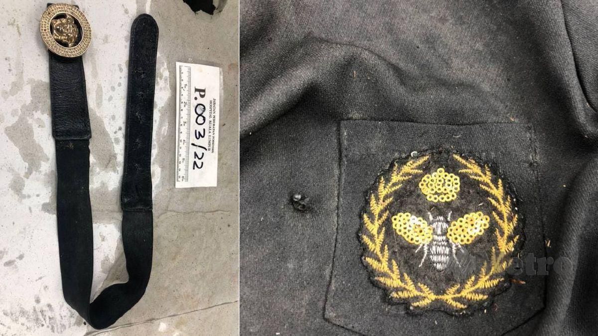 TALI PINGGANG jenama Versace dan logo pada pakaian mangsa. FOTO ihsan Polis