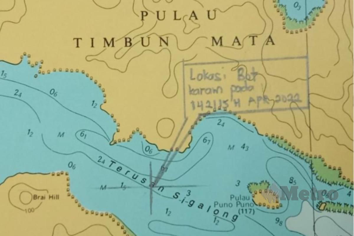 Lokasi bot karam iaitu kira-kira 0.3 batu nautika dari Tenggara Pulau Timbun Mata. FOTO Ihsan APMM.