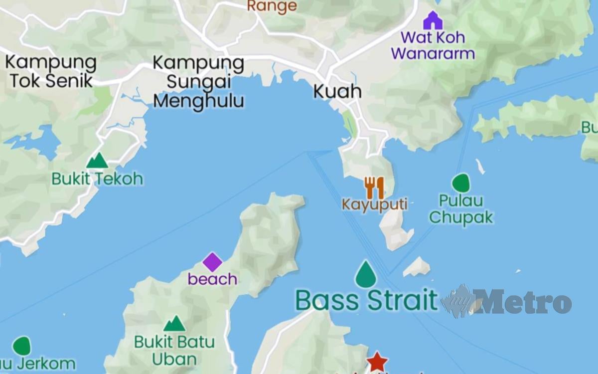 Peta menunjukkan nama Pulau Singa Besar, Selat Tyson dan Selat Bass di Langkawi, yang nama asalnya adalah Pulau Lada, Selat Dayang Bunting dan Selat Kuah sebelum ditukar namanya oleh pentadbiran lalu. 