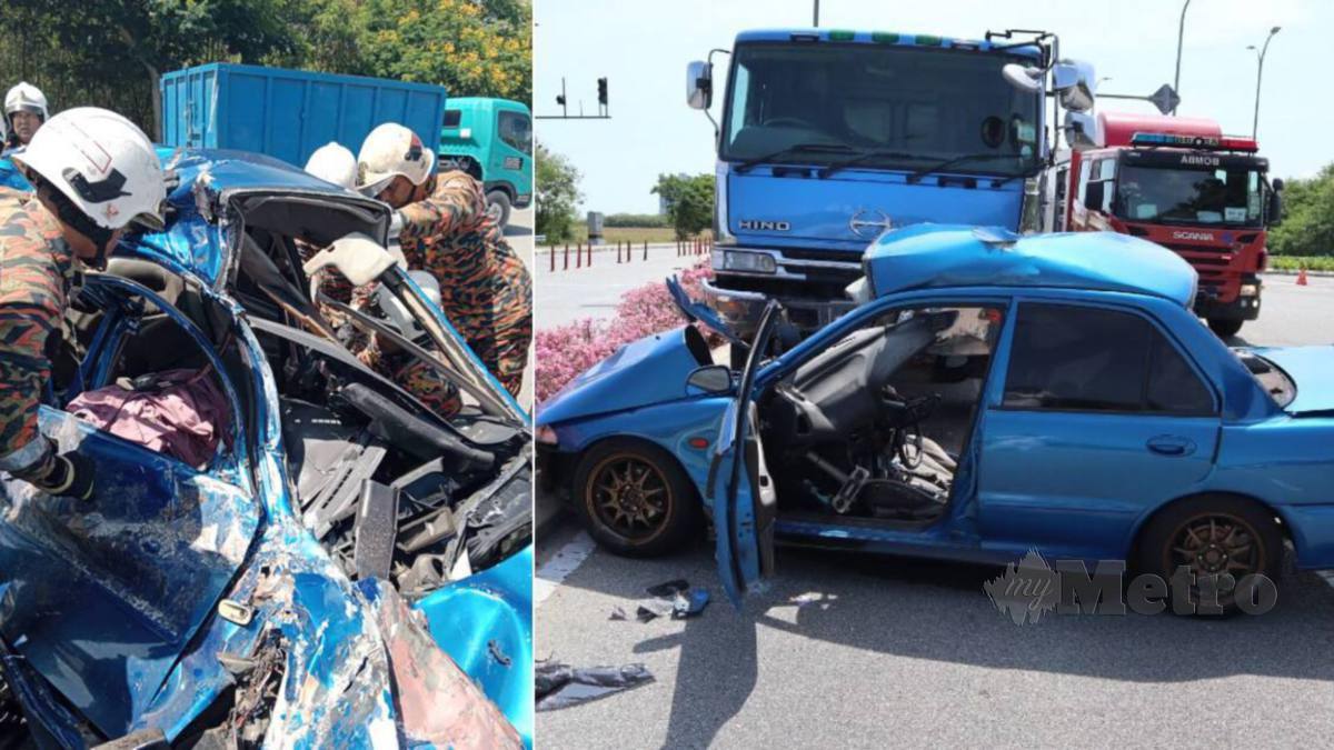 KEMALANGAN yang mengorbankan pemandu kereta Proton Wira di Jalan Persisir Pantai Klebang-Limbongan. FOTO Ihsan Bomba