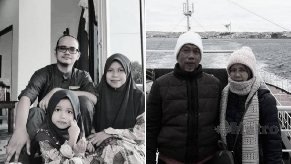LIMA sekeluarga yang maut dalam kemalangan di Lebuhraya Timur Barat, Jeli-Gerik. Gambar kanan, Mohd Rodhi (dua dari kanan) dan Sharifah Rohana (kanan). Gambar kiri, Siti Aishah (kanan), Ahmad Khomaini (belakang) dan Zara Hana (depan).