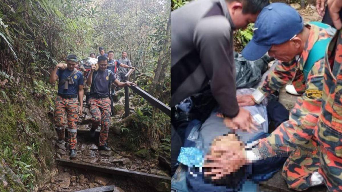 Mangsa yang tidak sedarkan diri diberi bantuan pernafasan sebelum dibawa turun dari Gunung Kinabalu. FOTO Ihsan Bomba