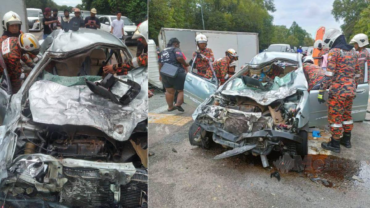 KEADAAN kereta Proton Waja yang terbabit kemalangan di kilometer 47 Jalan Batu Pahat-Mersing dekat Sri Lalang Kluang. FOTO Ihsan Bomba