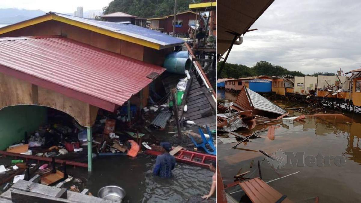 KEADAAN SMK Pulau Gaya yang rosak (gambar kanan). Gambar kiri menunjukkan keadaan rumah penduduk yang rosak akibat dilanda angin kencang. FOTO Ihsan Pembaca