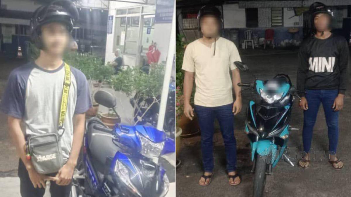 TIGA lelaki yang ditahan polis selepas berlumba motosikal di KM 85.5 Jalan Kluang-Kota Tinggi. FOTO Ihsan Polis
