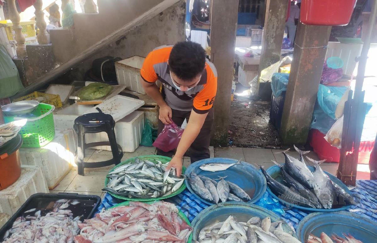  Peniaga ikan, Imi Manaf, 28, menyusun bekalan ketika tinjauan di Pasar Besar Siti Aishah, Jelawat, di sini, hari ini. FOTO Hidayatidayu Razali.