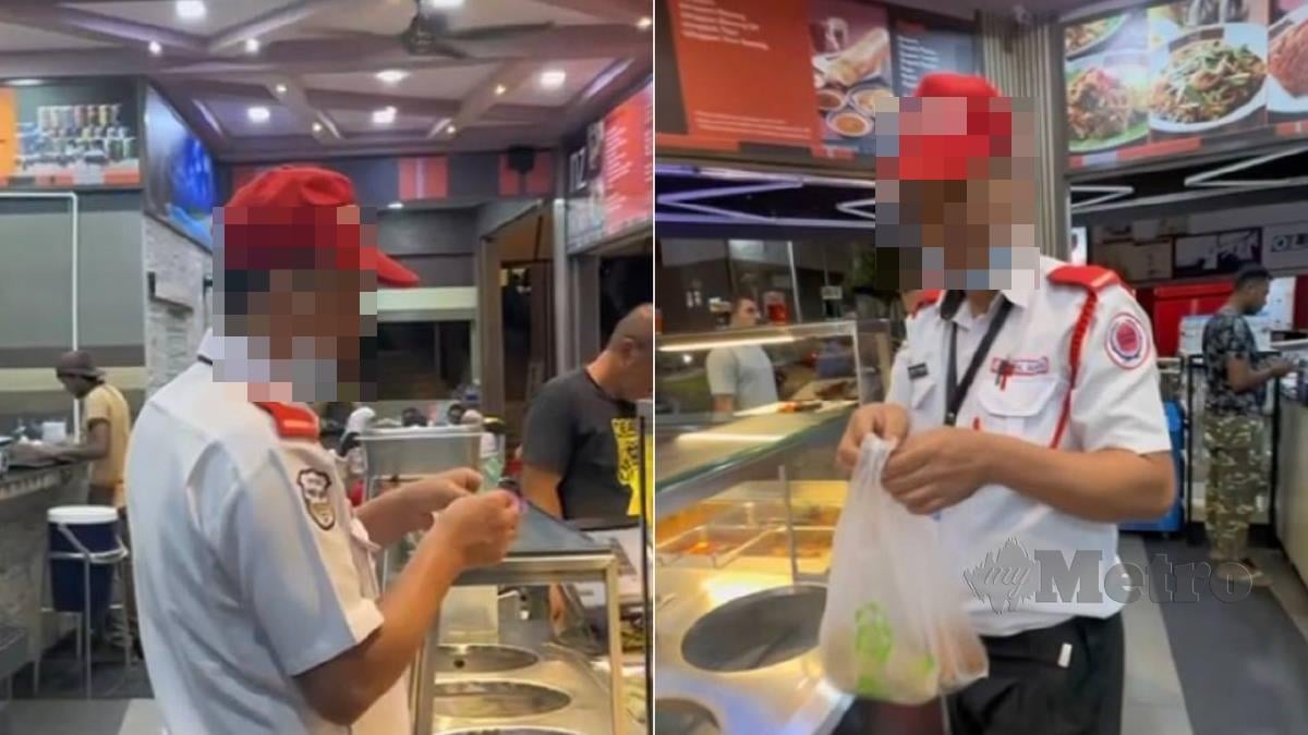TANGKAP layar pengawal keselamatan menghulurkan wang RM5 untuk membeli makanan. FOTO Aizad Fidlza Azira