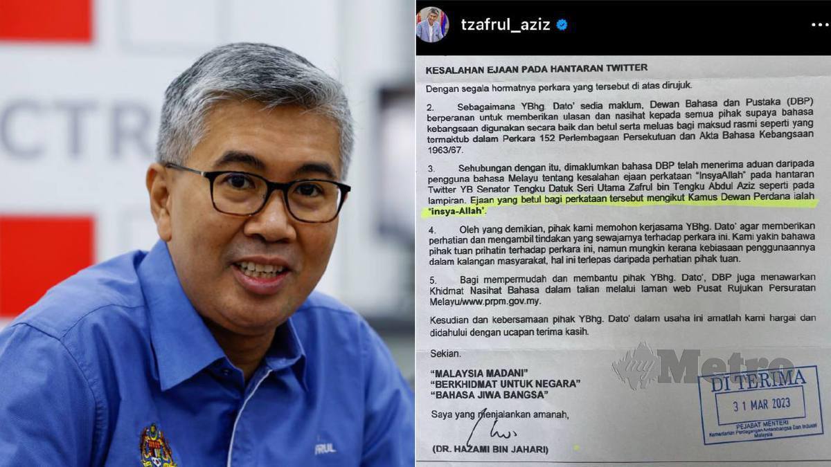 SURAT teguran daripada DBP yang diterima Tengku Zafrul. FOTO NSTP & Twitter rasmi Tengku Datuk Seri Zafrul Abdul Aziz