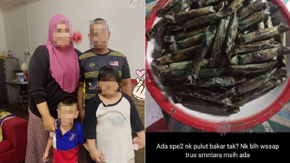 GAMBAR kiri Farah Syazwan bersama keluarga. Gambar kiri adalah jualan pulut panggang yang dipromosikan di media sosial Mohd Azri. FOTO Ihsan Farah Syazwani Mohamed Lazim