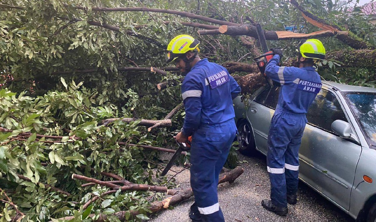 PASUKAN APM memotong dahan pokok tumbang yang menghempap kenderaan di ibu negara. FOTO Ihsan APM 