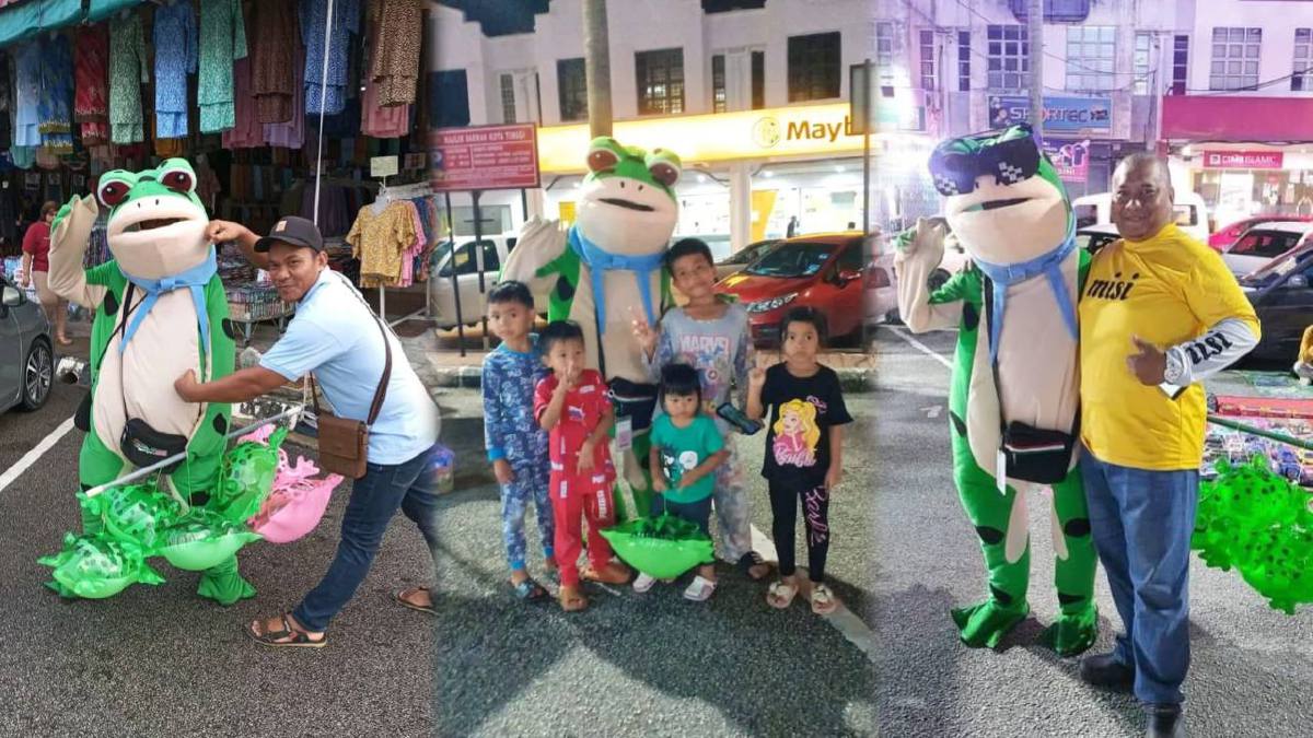 OBBY mengenakan kostum katak ketika menjual belon di sekitar Kota Tinggi. FOTO Ihsan Obby Shaari 
