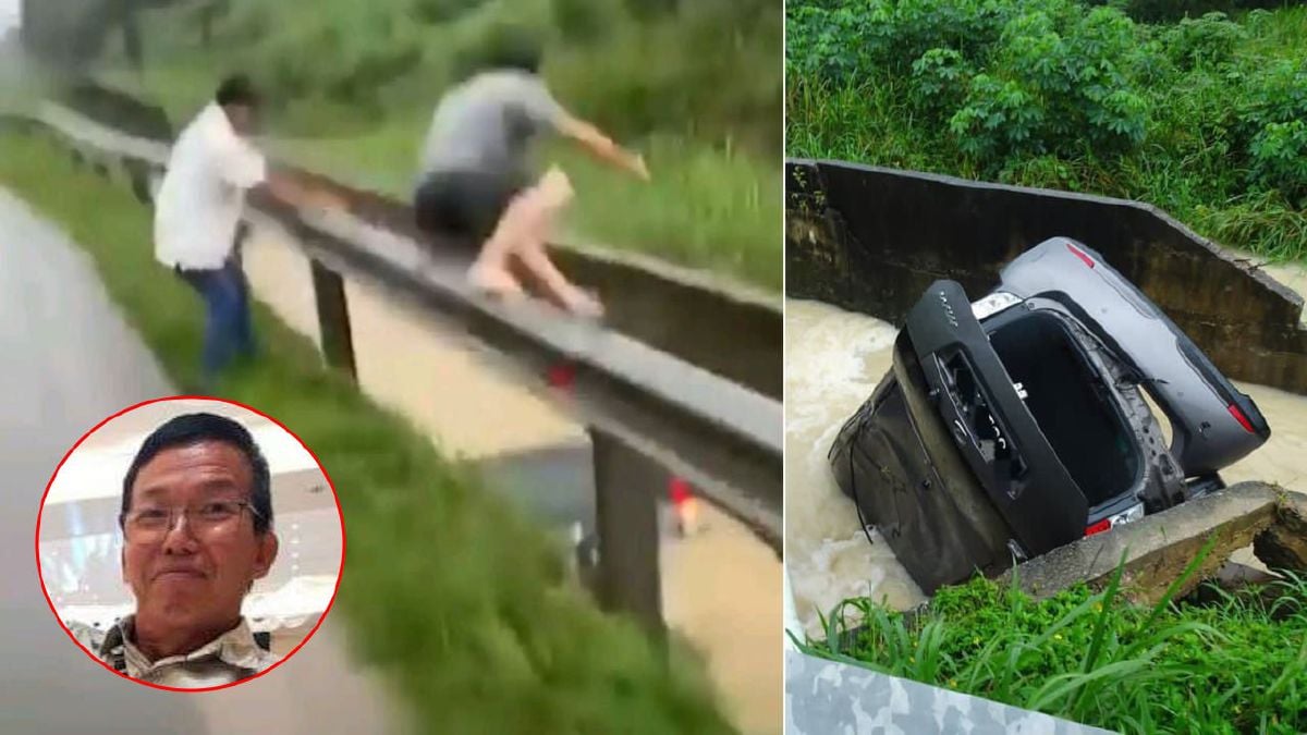 RAKAMAN video tular Choo menyelamatkan mangsa dihanyutkan air deras dalam longkang di Jalan Kota Tinggi-Mersing. Gambar kecil, Choo. FOTO tular media sosial