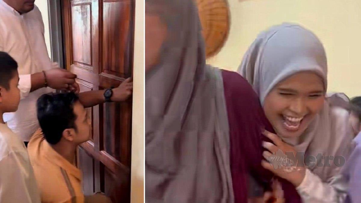 AHLI keluarga cuba membuka pintu yang terkunci (gambar kiri). Reaksi Noor Asikin selepas keluar daripada bilik yang terkunci. FOTO Tangkap Layar TikTok