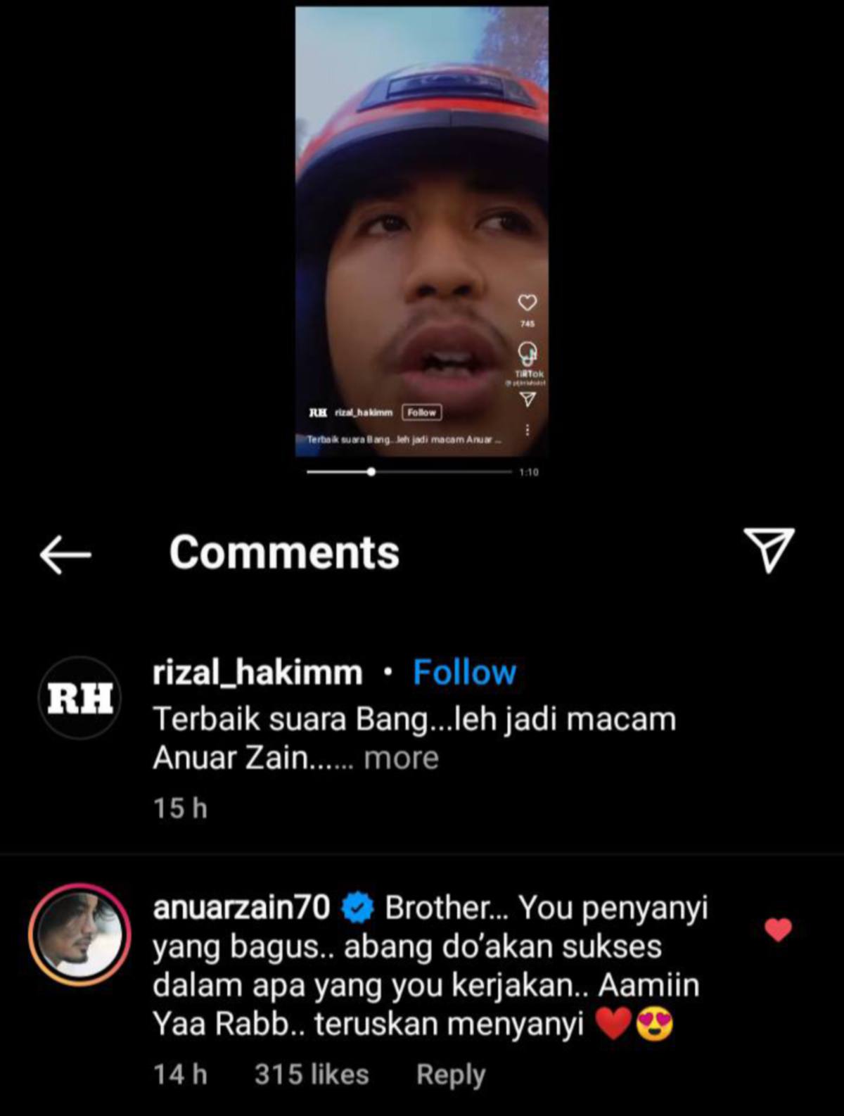 KOMEN positif daripada Anuar Zain pada video dimuat naik Pijin di TikTok. FOTO Ihsan Muhammad Faiz Arbain