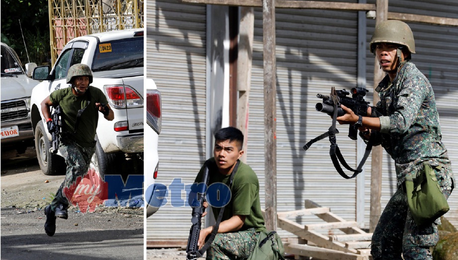 Askar marin Filipina berlari mencari perlindungan daripada tembakan militan. Ga,bar kanan, dua tentera Filipina meninjau kedudkan militan di Marawi. - Foto REUTERS