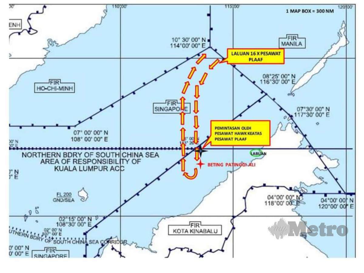 Peta menunjukkan laluan penerbangan 16 pesawat China yang memasuki ruang udara Zon Maritim Malaysia, semalam. FOTO FB TUDM