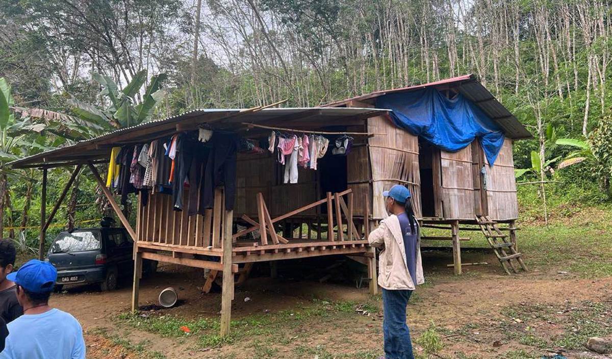 MANGSA tinggal bersama lapan ahli keluarga di rumah kayu dinding buluh dan dikelilingi pokok pisang serta berhampiran kebun getah. FOTO Ihsan PDRM
