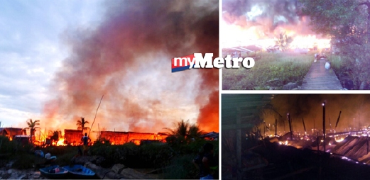Api marak pantas memusnakan rumah panjang di  Muara Payang, Sarikei, petang tadi. - Foto KHALID LATIP