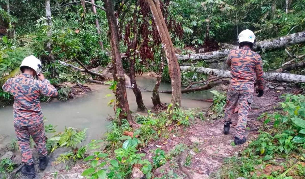 ANGGOTA bomba melihat pokok yang tumbang menimpa dua kanak-kanak lelaki berusia 10 dan 11 tahun yang sedang mandi di Serendah River. FOTO Ihsan bomba