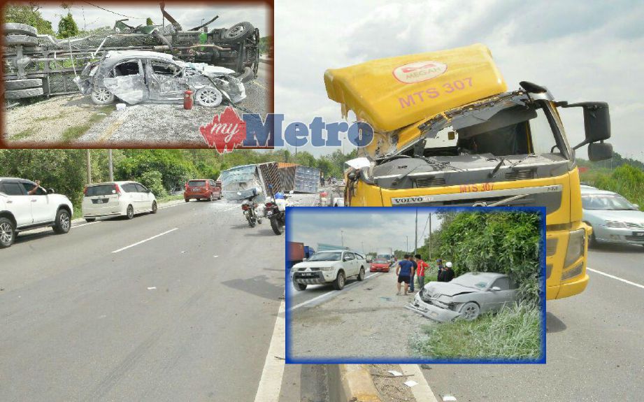 LIMA kenderaan termasuk tiga kenderaan berat terbabit dalam kemalangan di Selekoh Hakim, Jalan Pelabuhan Barat, Pelabuhan Klang hari ini. FOTO Faiz Anuar