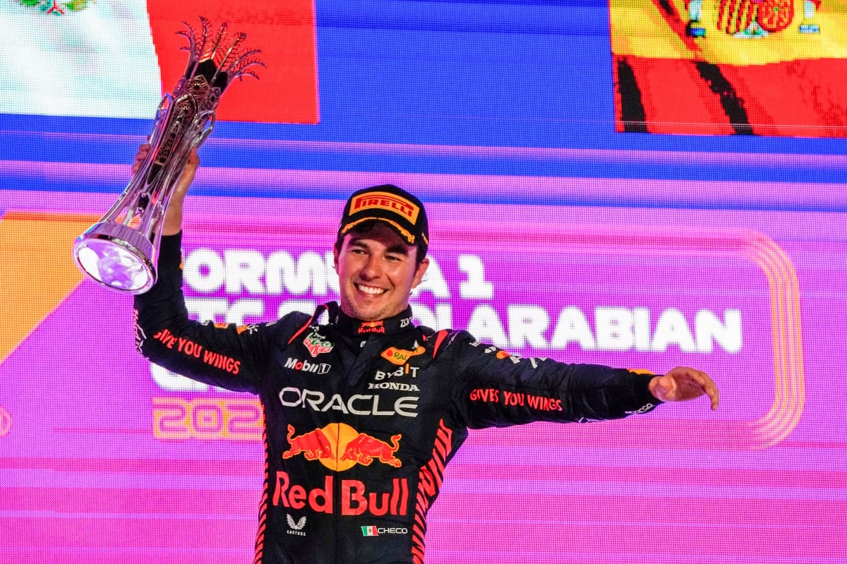 PEREZ meraikan kemenangan di GP Arab Saudi. FOTO AP