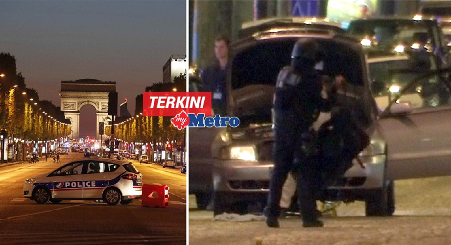 Polis menutup kawasan sekitar lokasi kejadian di Champs Elysees, Paris dan gambar kanan, kereta yan digunakan penyerang sedang diperiksa polis. - Foto Reuters