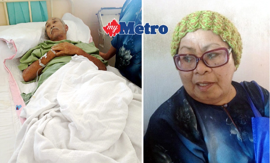 Mat Ali Amat,  73, yang patah tulang punggung kanan kini dirawat di Hospital Melaka ditemani isterinya, Rokiah Jalil, 68.