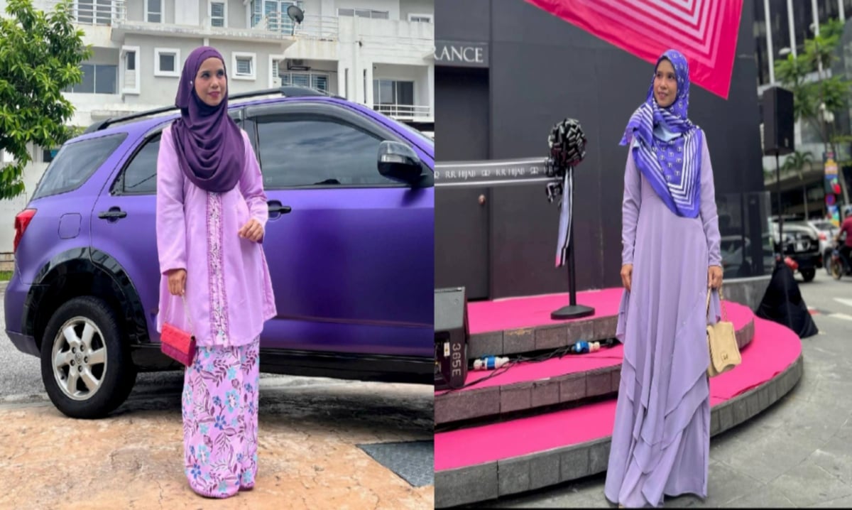  NOOR Suhaili selesa mengenakan pakaian bertemakan ungu. FOTO Ihsan pembaca.