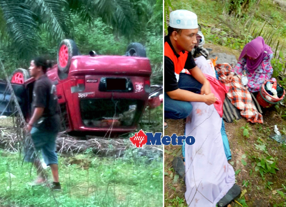 Keadaan kereta yang terbalik dalam kebun kelapa sawit yang mengakibatkan dua kanak-kanak maut (gambar kanan). - Foto Ihsan BOMBA JOHOR