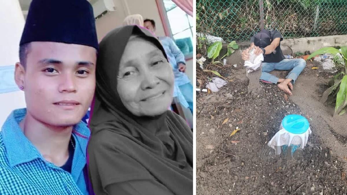 Kenangan Roslan bersama ibunya. (Gambar kanan) Roslan tidak dapat menahan kesedihan di pusara ibunya di Tanah Perkuburan Islam Sempelang, Kampung Sembulan, Tanjung Aru dekat Kota Kinabalu. Foto Ihsan Roslan Amir